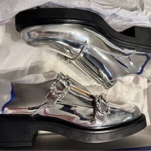 Stuart Weitzman Metallic Silver Loafers with Crystal Buckle
